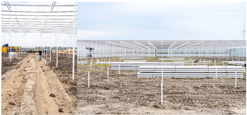 The Construction Phase of the project. At this point, the screens themselves should be stored away from the site to keep them clean, but the trellis has been prepared for them during this stage